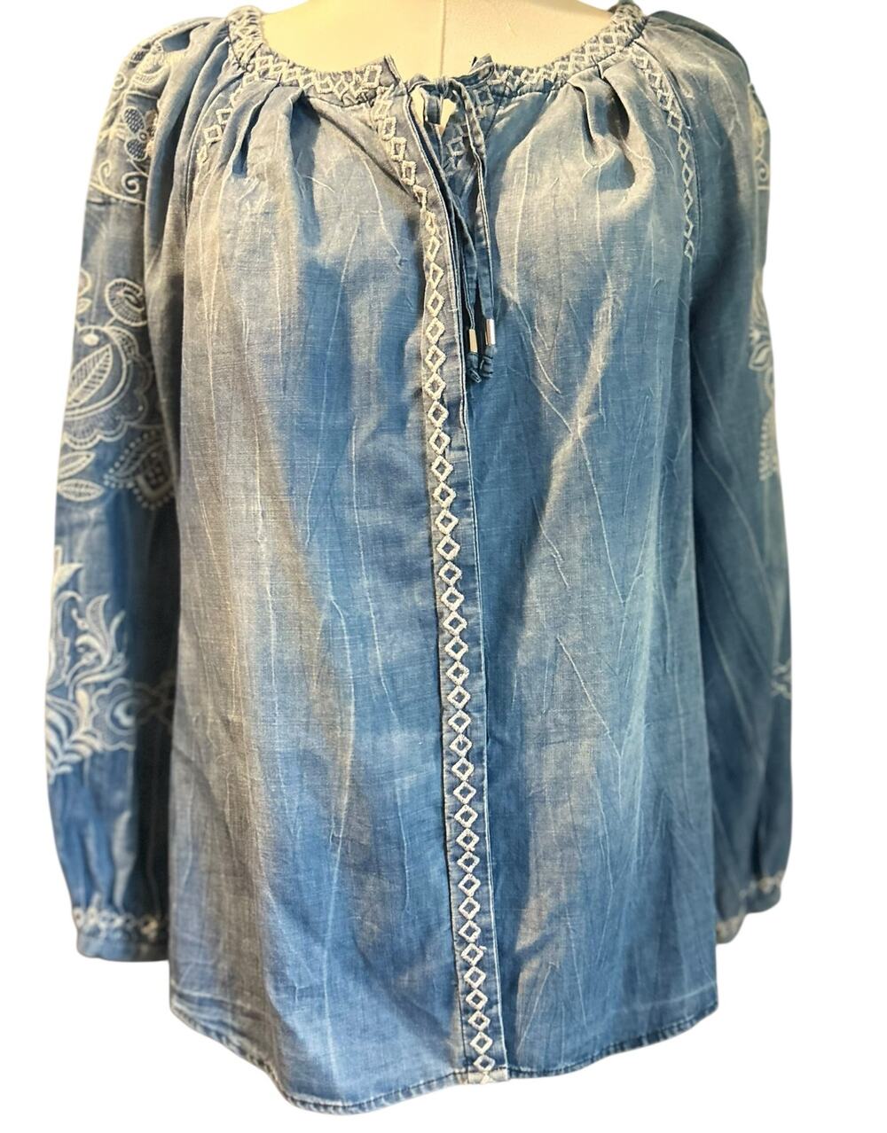 Vintage America Blues Denim Embroidered Button Down Faded Crinkle Western SZ SM